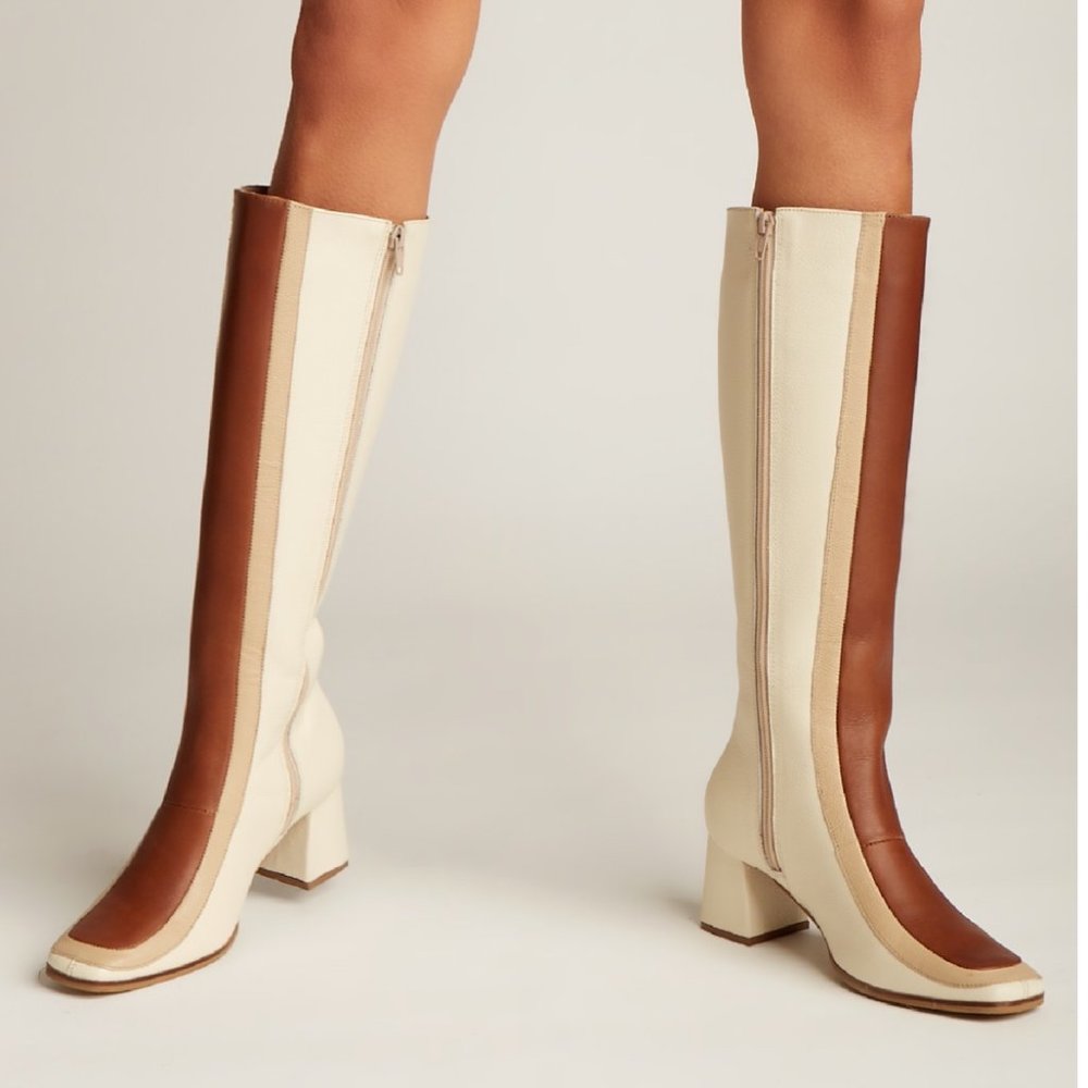 70s Revival Leather Colorblock Knee-High Heeled Boots - Picture 8 of 15